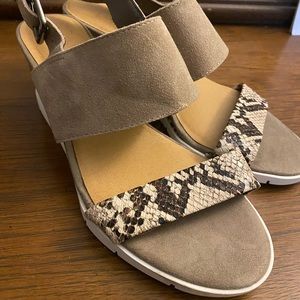 Crown Vintage Snakeskin and Suede Block Sandals, Size 8